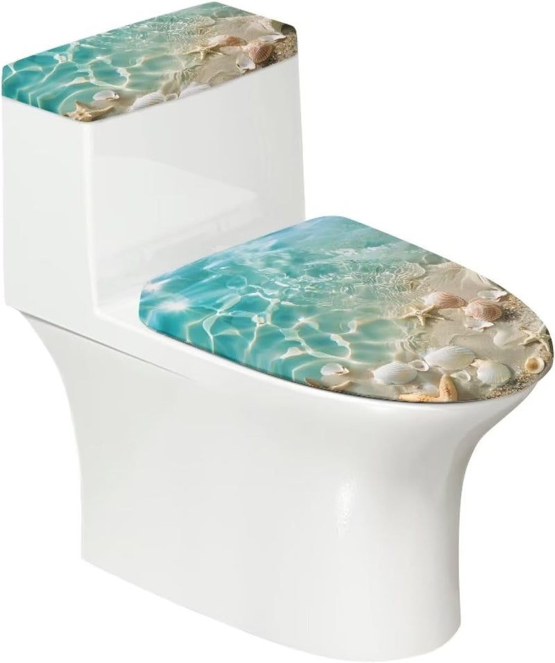 CREAMIC Sea Shell Toilet Lid Cover and Toilet Tank Cover 2 Piece Set Toilet Seat Cover with Elastic Edge Keep Dust Stain Machine Washable Seat Covers Fits Most Lids for Accessories Decor - Image 1